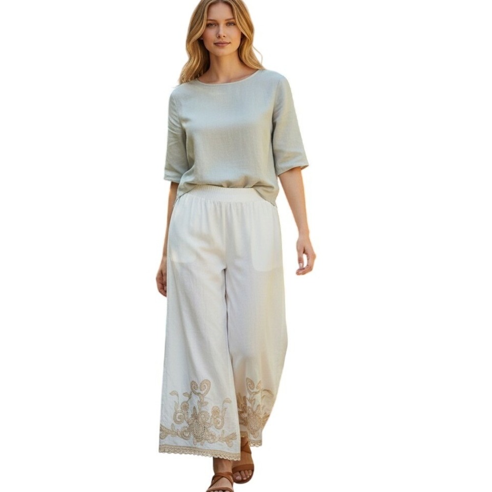 Umgee Womens White Linen Blend Embroidered Wide Leg Palazzo Pants Size S NEW